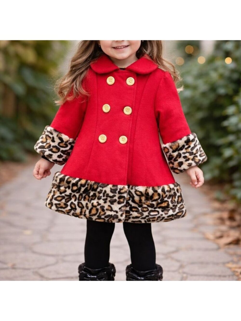 Penelope Mack Girls Red Coat Faux Fur Cheetah Print Gold Buttons